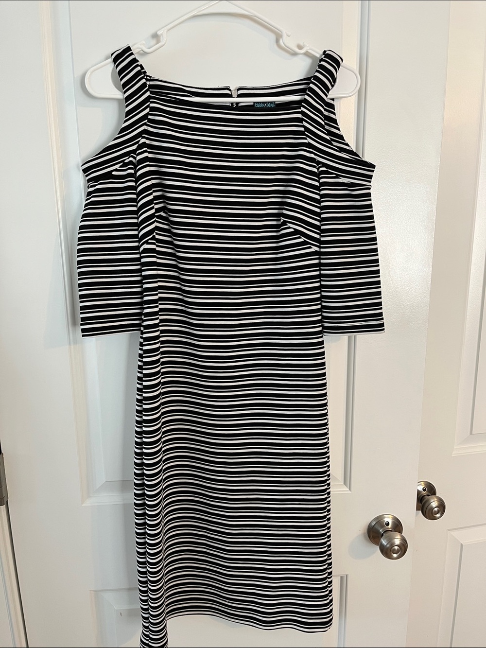 Black & White Striped Cold-Shoulder Midi Dress-Stretch